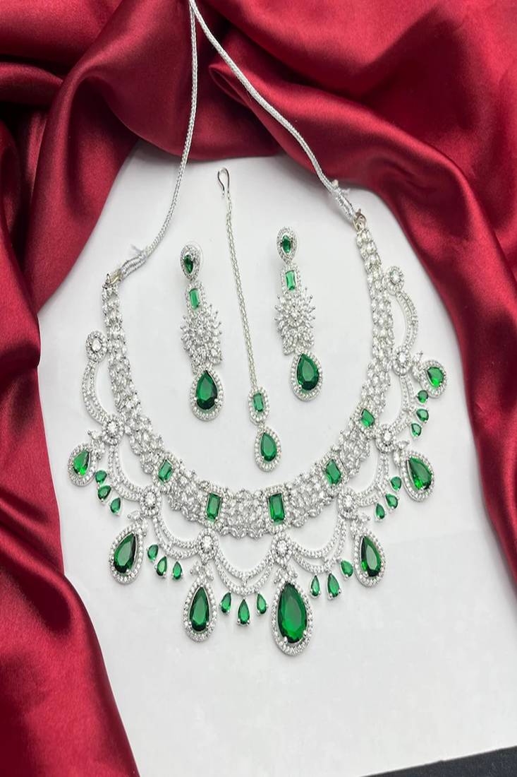 Emerald Green Bridal Necklace Set with Earrings & Maang Tikka | Silver Tone CZ Wedding Jewelry | Indian Pakistani Bride
