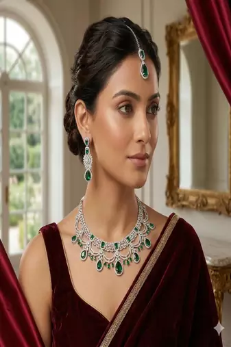 Emerald Green Bridal Necklace Set with Earrings & Maang Tikka | Silver Tone CZ Wedding Jewelry | Indian Pakistani Bride