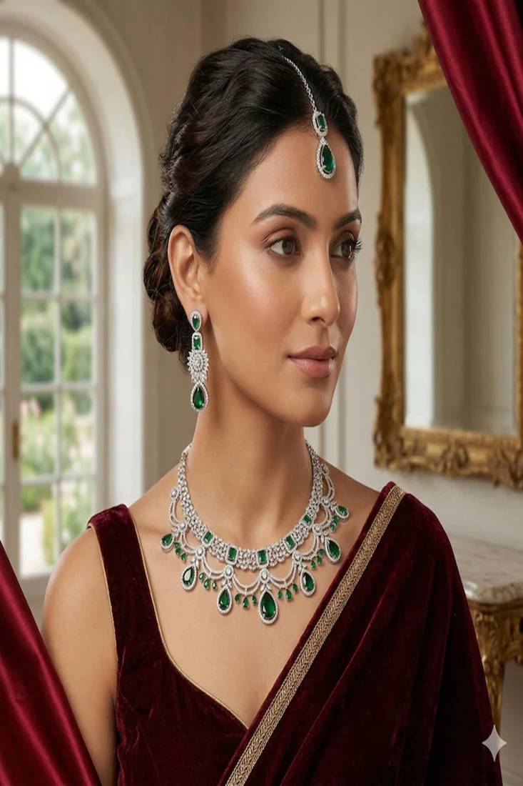 Emerald Green Bridal Necklace Set with Earrings & Maang Tikka | Silver Tone CZ Wedding Jewelry | Indian Pakistani Bride