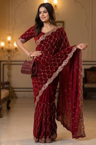 Maroon Color Beeds And Cut work Silk Blend Saree