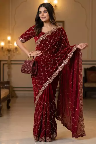 Maroon Color Beeds And Cut work Silk Blend Saree