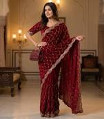 Maroon Color Beeds And Cut work Silk Blend Saree