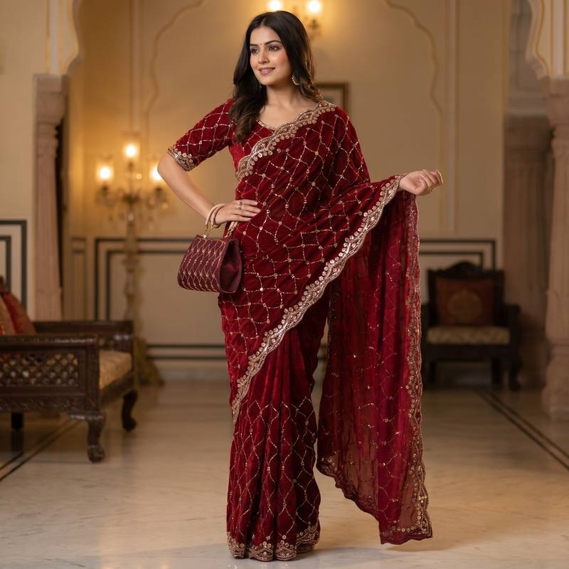 Maroon Color Beeds And Cut work Silk Blend Saree