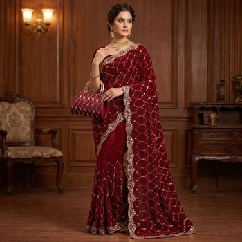 Maroon Color Beeds And Cut work Silk Blend Saree 2