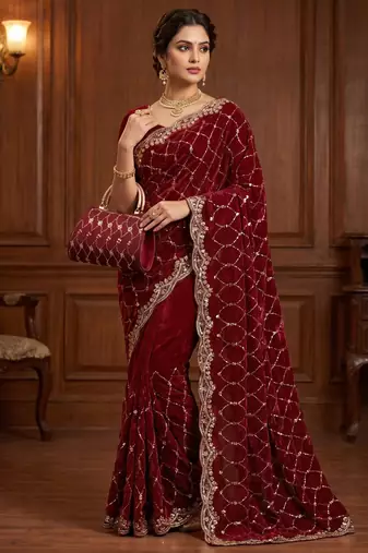 Maroon Color Beeds And Cut work Silk Blend Saree