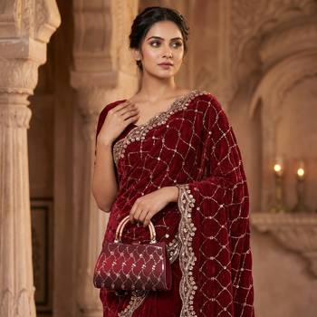 Maroon Color Beeds And Cut work Silk Blend Saree 3