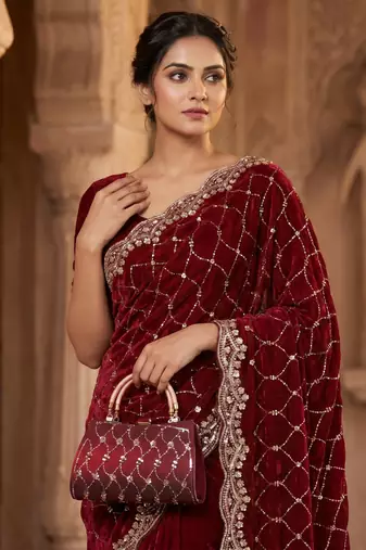 Maroon Color Beeds And Cut work Silk Blend Saree