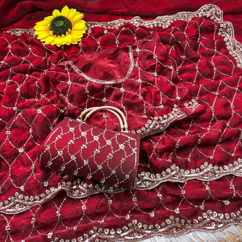 Maroon Color Beeds And Cut work Silk Blend Saree