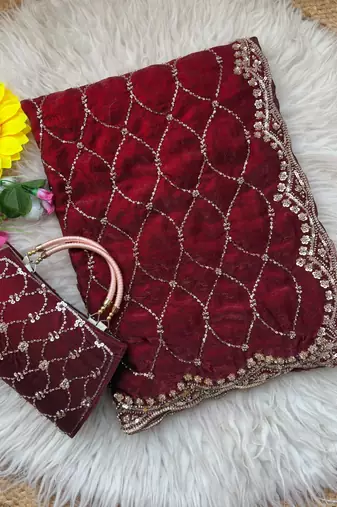 Maroon Color Beeds And Cut work Silk Blend Saree