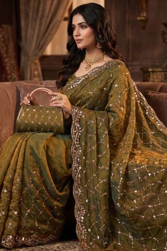 Olive Color Beeds And Cut work Silk Blend Saree