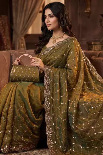 Olive Color Beeds And Cut work Silk Blend Saree