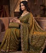 Olive Color Beeds And Cut work Silk Blend Saree
