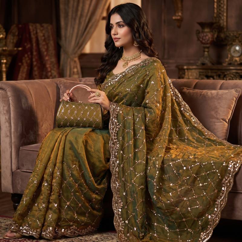 Olive Color Beeds And Cut work Silk Blend Saree