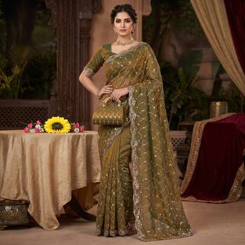 Olive Color Beeds And Cut work Silk Blend Saree 2