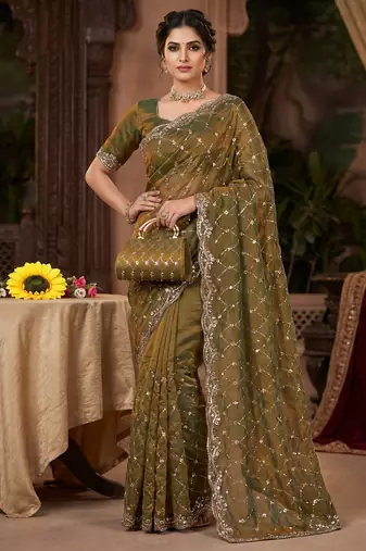 Olive Color Beeds And Cut work Silk Blend Saree
