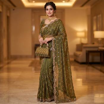Olive Color Beeds And Cut work Silk Blend Saree 3