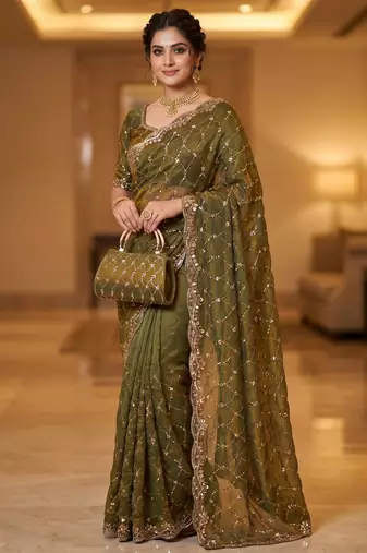 Olive Color Beeds And Cut work Silk Blend Saree