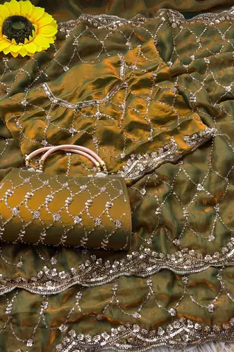Olive Color Beeds And Cut work Silk Blend Saree