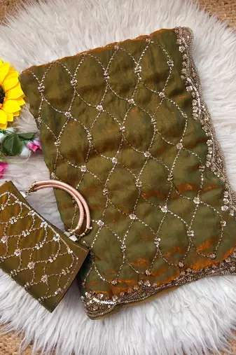 Olive Color Beeds And Cut work Silk Blend Saree