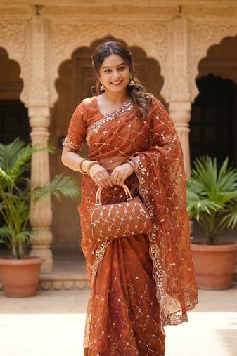 Orange Color Beeds And Cut work Silk Blend Saree