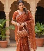 Orange Color Beeds And Cut work Silk Blend Saree