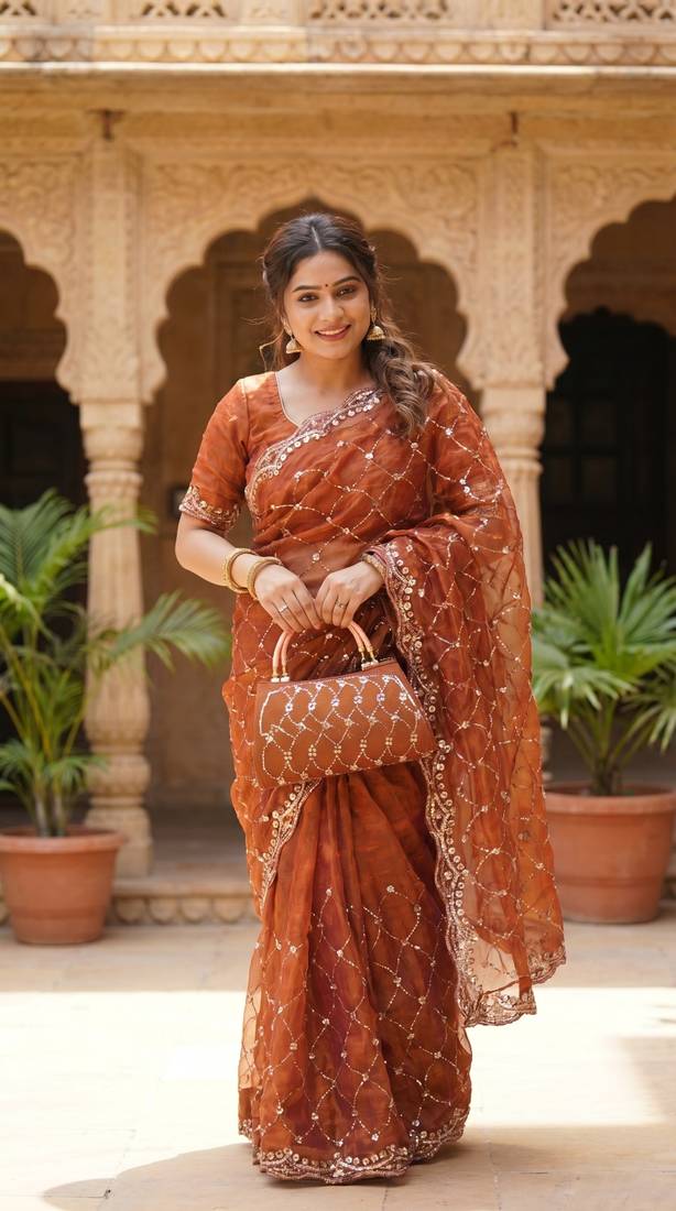 Orange Color Beeds And Cut work Silk Blend Saree
