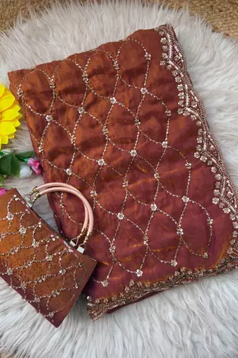 Orange Color Beeds And Cut work Silk Blend Saree