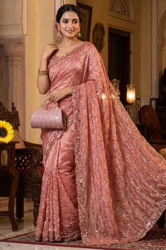 Peach Color Beeds And Cut work Silk Blend Saree