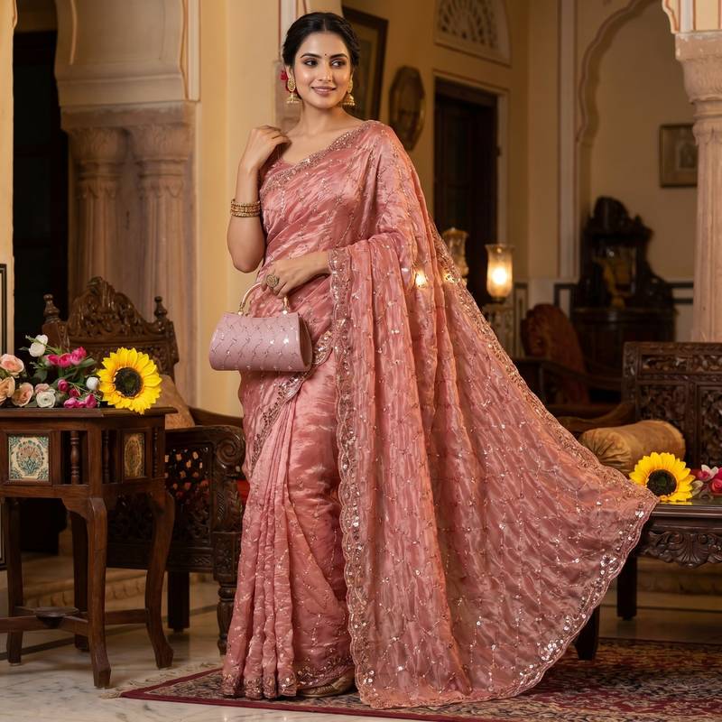 Peach Color Beeds And Cut work Silk Blend Saree