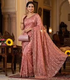 Peach Color Beeds And Cut work Silk Blend Saree