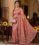Peach Color Beeds And Cut work Silk Blend Saree
