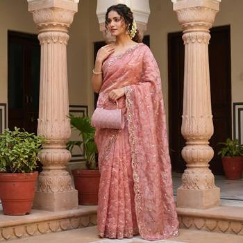 Peach Color Beeds And Cut work Silk Blend Saree 2