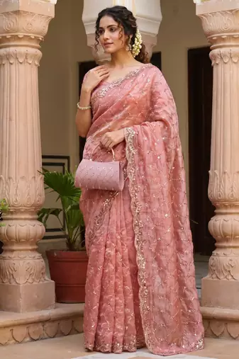 Peach Color Beeds And Cut work Silk Blend Saree