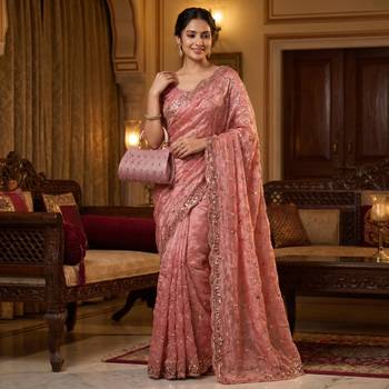 Peach Color Beeds And Cut work Silk Blend Saree 3