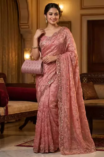 Peach Color Beeds And Cut work Silk Blend Saree