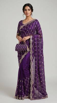 Purple Color Beeds And Cut work Silk Blend Saree 1