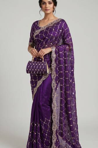 Purple Color Beeds And Cut work Silk Blend Saree