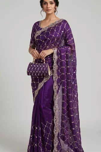 Purple Color Beeds And Cut work Silk Blend Saree