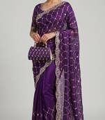 Purple Color Beeds And Cut work Silk Blend Saree