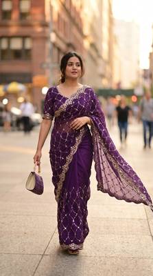 Purple Color Beeds And Cut work Silk Blend Saree 2