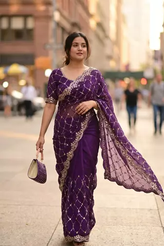Purple Color Beeds And Cut work Silk Blend Saree