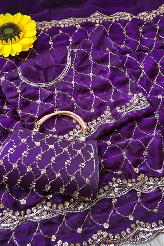 Purple Color Beeds And Cut work Silk Blend Saree
