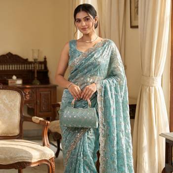 Sky Blue Color Beeds And Cut work Silk Blend Saree 1