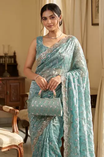 Sky Blue Color Beeds And Cut work Silk Blend Saree