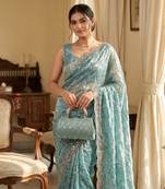 Sky Blue Color Beeds And Cut work Silk Blend Saree