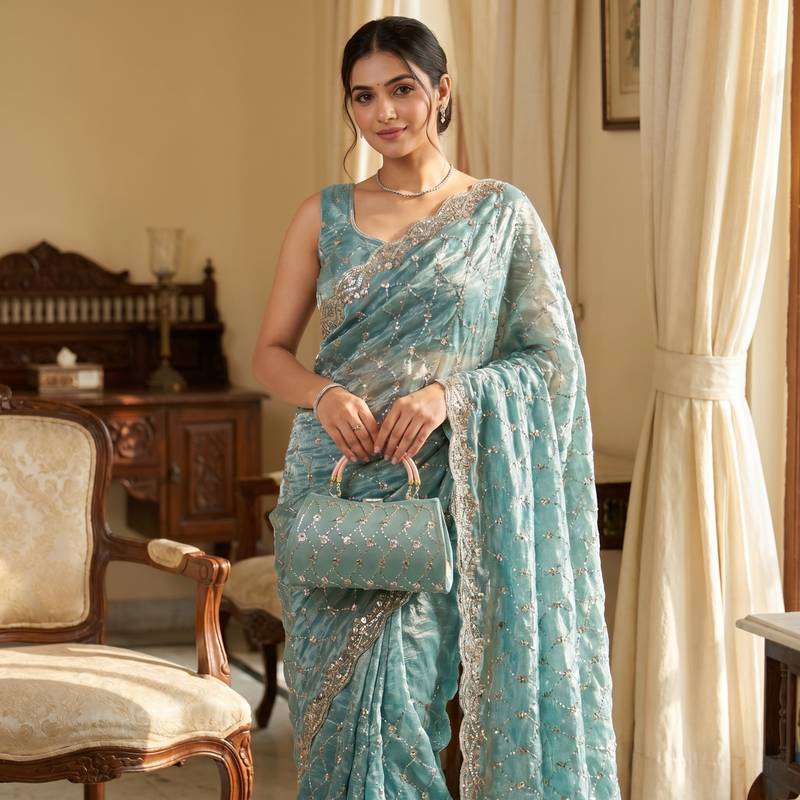 Sky Blue Color Beeds And Cut work Silk Blend Saree