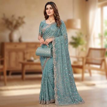 Sky Blue Color Beeds And Cut work Silk Blend Saree 2