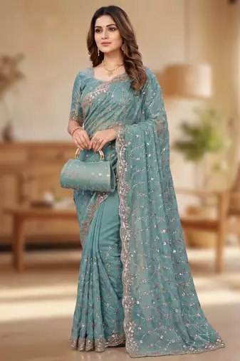Sky Blue Color Beeds And Cut work Silk Blend Saree