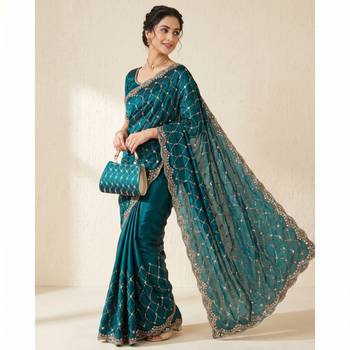 Teal Color Beeds And Cut work Silk Blend Saree 1