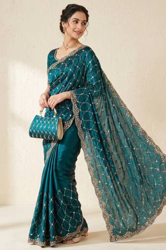 Teal Color Beeds And Cut work Silk Blend Saree